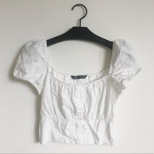 White Zara top puffy sleeves, zipper side, stretch